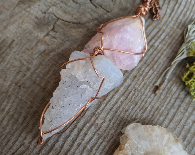 Raw rough natural pink calcite with blue lace agate crystal cluster, natural chalcedony pendant, raw blue lace agate pendant, pink aragonite