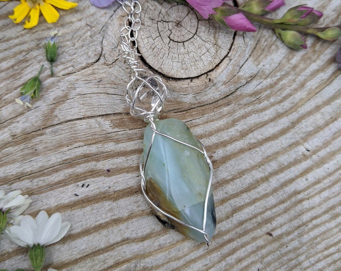 Peruvian blue opal pendant, natural blue opal necklace, sivler blue opal crystal neckalce, natural herkimer diamond necklace, blue opal crys