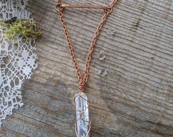 Large aquamarine crystal necklace with a copper bar, copper bar aquamarine necklace, aquamarine jewelry, handmade aquamarine necklace, raw