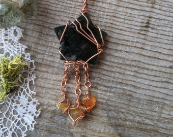 Moss agate and fire opal crystal pendant, moss agate star pendant, crystal star necklace, fire opal pendant, nature fire opal crystal pendan