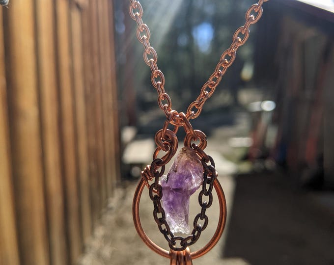 Raw, rough all natural amethyst crystal pendant, raw copper and amethyst necklace, high quality handmade hammered copper pendant, rough amet