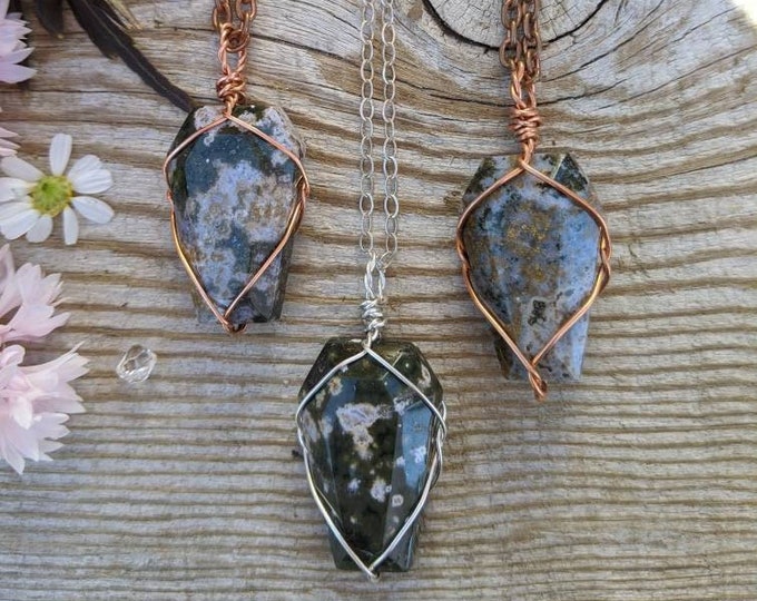 Ocean Jasper coffin pendant, natural ocean jasper pendant, green ocean jasper necklace, coffin pendant, green coffin necklace, crystal coffi