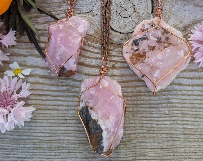 Raw rough PINK aragonite pendant, solid copper pink aragonite crystal, pink calcite necklace, calcite pendant, calcite pendant, hot pink raw