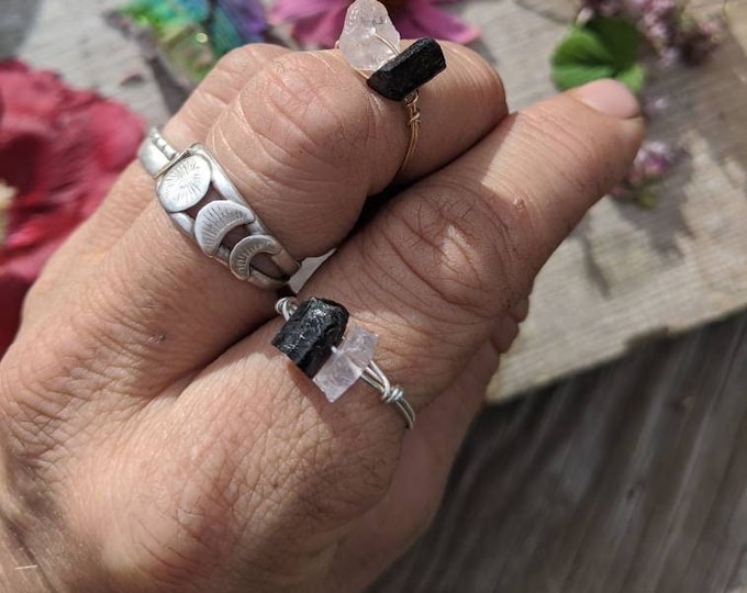 rose quartz and black tourmaline crystal ring, raw rough rose quartz ring, raw rough black tourmaline ring
