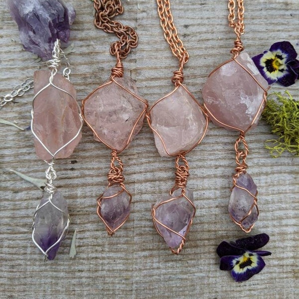 Rose quartz and amethyst pendant, rose quartz pendant, amethyst crystal pendant, rose quartz necklace, raw crystal jewelry, raw amethyst cry