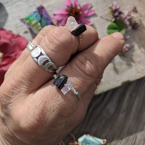 rose quartz and black tourmaline crystal ring, raw rough rose quartz ring, raw rough black tourmaline ring