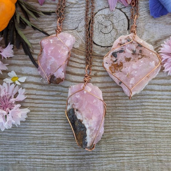 Raw rough PINK aragonite pendant, solid copper pink aragonite crystal, pink calcite necklace, calcite pendant, calcite pendant, hot pink raw