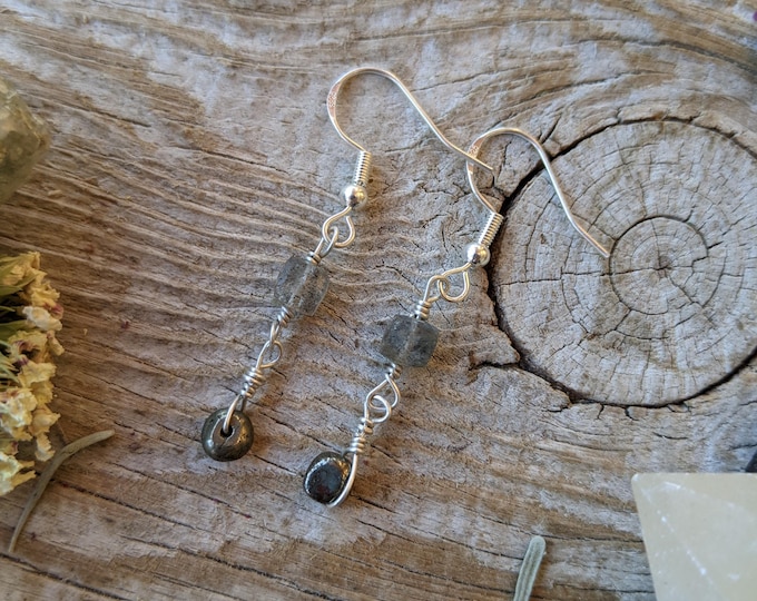 Labradorite and pyrite sterling silver earrings, sterling silver labradorite crystal earrings, pyrite earrings, raw rough natural pyrite cry