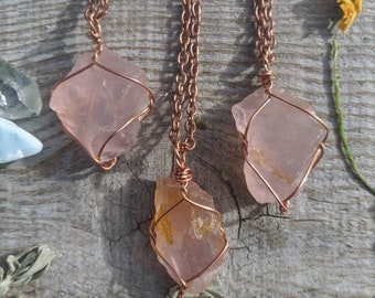 Small raw rough natural rose quartz crystal wire wrapped in pure copper pendant necklace with adjustable leather chord or copper chain raw