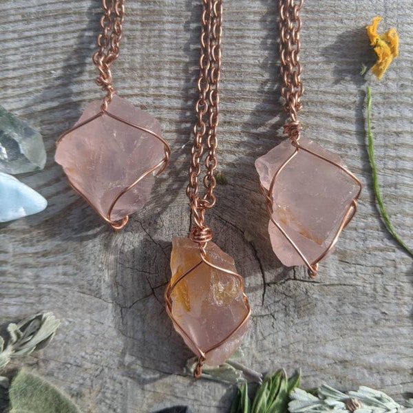 Small raw rough natural rose quartz crystal wire wrapped in pure copper pendant necklace with adjustable leather chord or copper chain raw