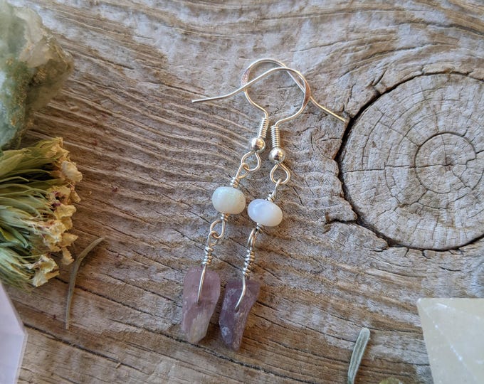 Sterling Silver white rainbow opal and pink tourmaline earrings, natural raw pink tourmaline earrings, rainbow opal earrings, opal jewelry,