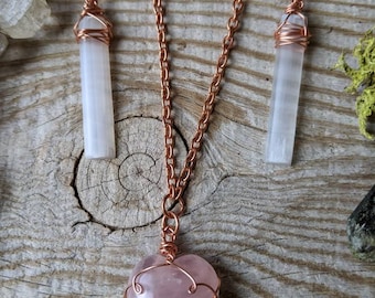 Rose quartz heart faux wrap necklace with selenites, natural rose quartz necklace, rose quartz heart necklace, wrap necklace, copper chains