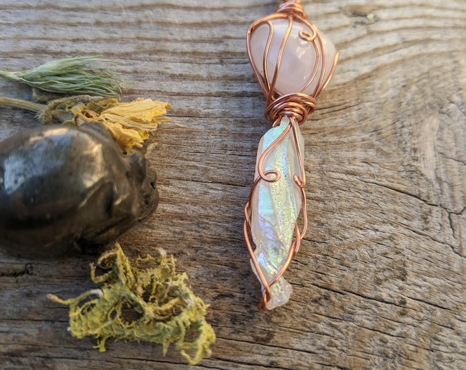 Rose quartz heart and angel aura quartz crystal, natural rose quartz polished mini heart and opal aura quartz crystal, rainbow aura quartz p