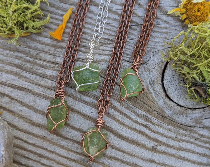 Terminated peridot crystal pendants, copper peridot necklace, silver peridot pendant, natural peridot point, peridot jewelry, olivine neckla