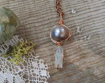 Mabe blister pearl and aquamarine barrel crystal pendant, aquamarine necklace, pearl necklace, pearl pendant, aquamarine pendant, cute penda