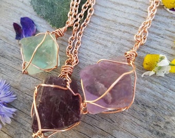 Large Fluorite octohedron crystal pendant, flourite pendant, natural raw rough fluorite necklace, green or purple stones, copper or sterling