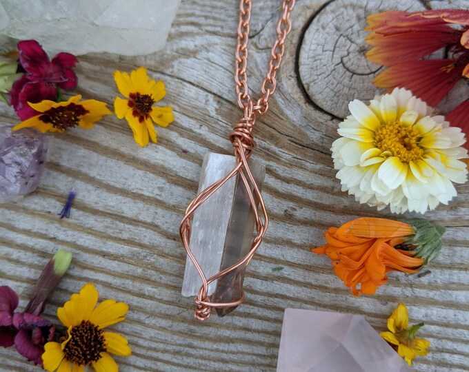 Selenite and smokey quartz crystal combo pendant, smokey quartz pendant, selenite necklace, satin spar pendant, satin spar necklace, termina