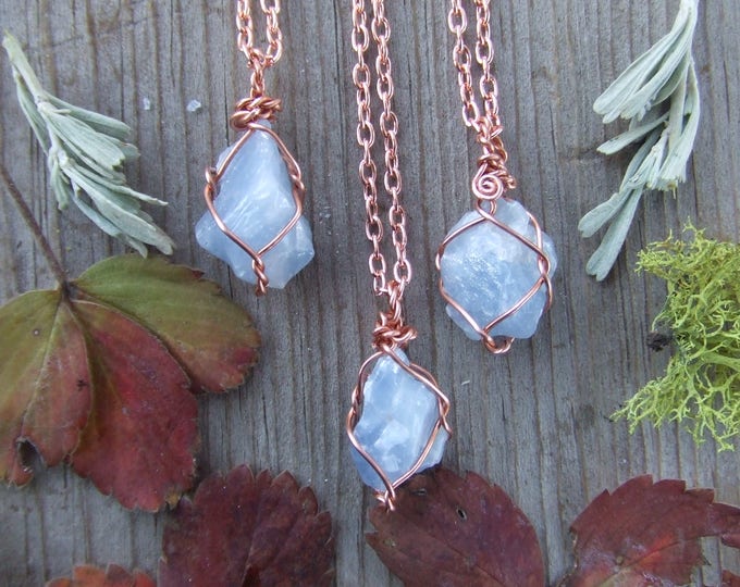raw rough natural small blue calcite crystal wire wrapped in pure copper pendant necklace with adjustable leather chord or copper chain