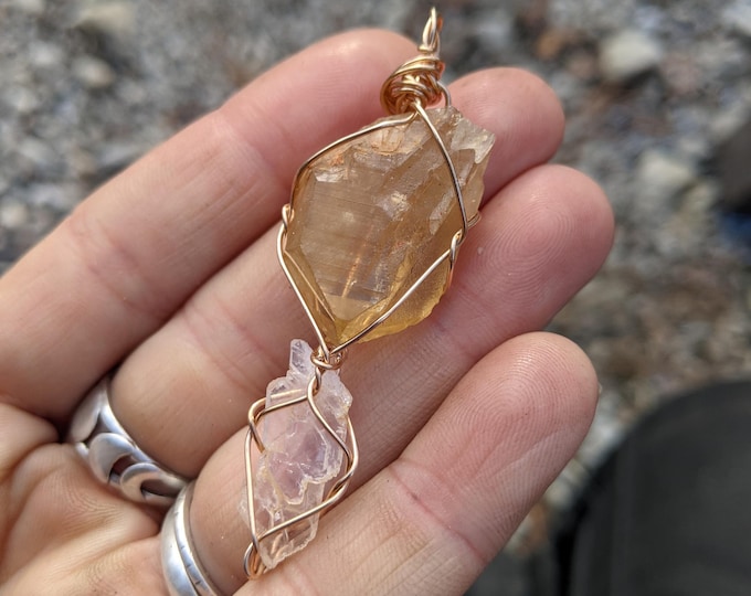 Citrine and faden quartz crystal pendant, natural citrine and faden quartz necklace, citrine pendant, citrine pendant, raw crystal pendant,
