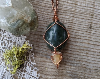 Moss agate and fire opal crystal pendant wrapped in solid copper, natural raw rough fire opal pendant, natural fire opal necklace, handmade