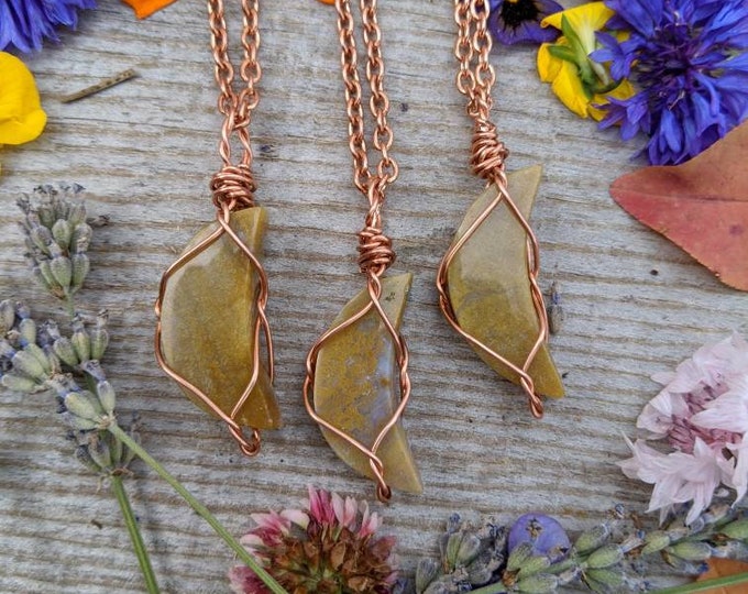 Yellow Moss Agate Crescent Moon Pendant, natural crystal moon pendant, moss agate pendant, moss agate necklace, pure copper, sterling silver