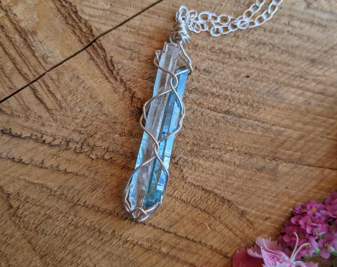 Aqua aura quartz and clear quartz crystal pendant, natural raw rough clear quartz necklace, double terminated aqua aura quartz crystal combo