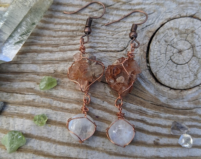 Aragonite and moonstone crystal earrings, rainbow moonstone earrings, aragonite star and moonstone moon earrings, copper aragonite earrings