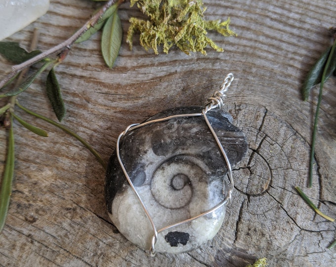 Marble Ammonite fossil pendant in fine silver, crystal jewelry, handmade jewelry, ammonite jewelry, cute jewelry, handmade crystal pendant