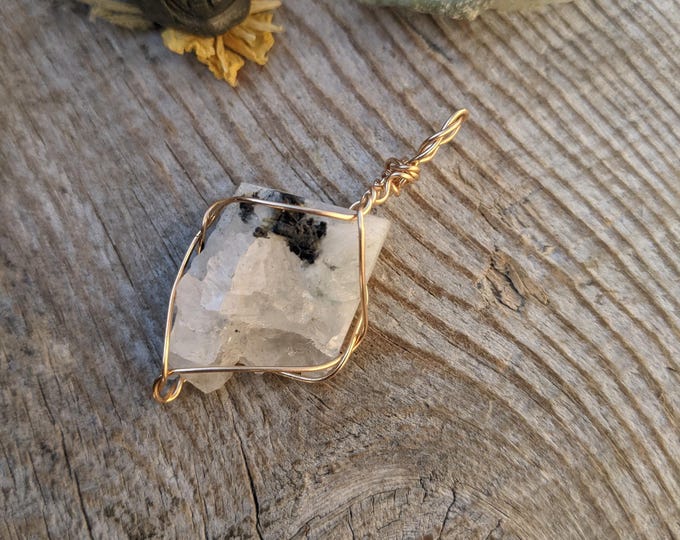 Bronze gold raw rainbow moonstone pendant, rainbow moonstone chunk, rainbow moonstone crystal necklace, moonstone jewelry, raw rough natural