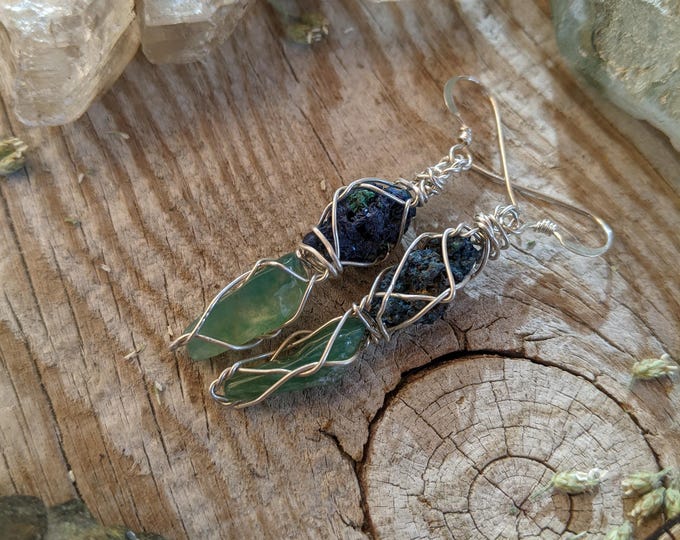 Azurite and Moss agate crystal earrings in sterling silver