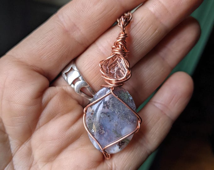 Moss agate and herkimer diamond crystal pendant, moss agate pendant, herkimer diamond pendant, natural raw herkimer diamond pendant, mossy