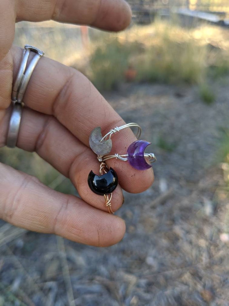 crescent moon black tourmaline crescent ring Natural crystal Crescent moon ring amethyst moon ring labradorite crescent moon ring