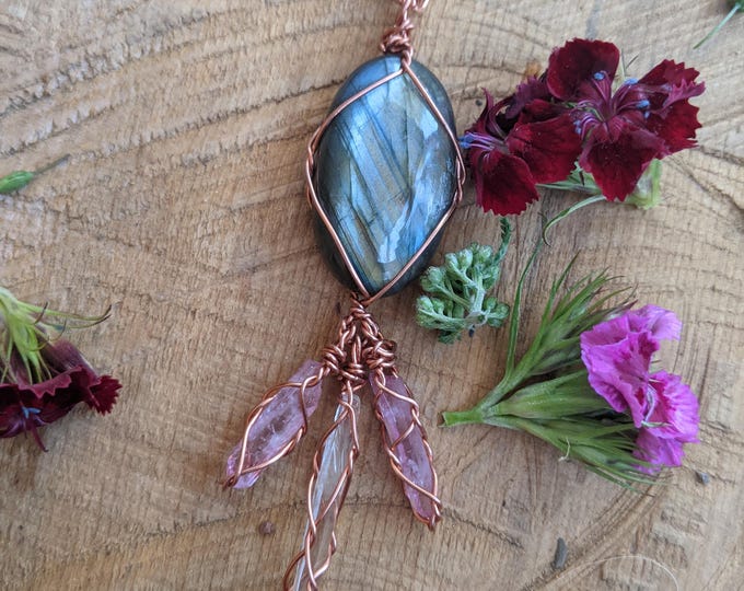 Labradorite, rose aura, and quartz crystal pendant in solid copper, flashy blue grey labradorite pendant, natural clear quartz, rainbow aura