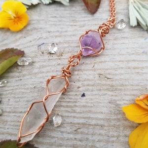 Raw amethyst over raw clear quartz crystal wire wrapped pendant in pure copper, quartz  pendant, amethyst necklace, high quality crystal