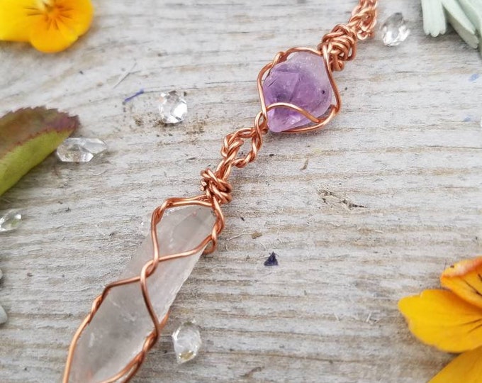 Raw amethyst over raw clear quartz crystal wire wrapped pendant in pure copper, quartz  pendant, amethyst necklace, high quality crystal