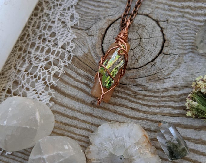 bismuth and orange calcite crystal pendant, mini bismuth pendant, orange calcite pendant, yellow calcite pendant, natural raw bismuth crysta