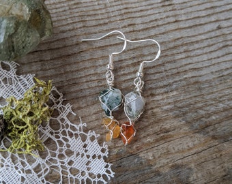 Moss agate and fire opal crystal earrings, rainbow fire opal earrings, moss agate earrings, dainty crystal earrings, cute dainty earrings,