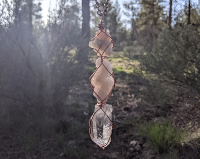 Pink tourmaline, spirit quartz and clear quartz, natural raw rough tourmaline pendant , cactus quartz pendant, clear quartz pendant, natural