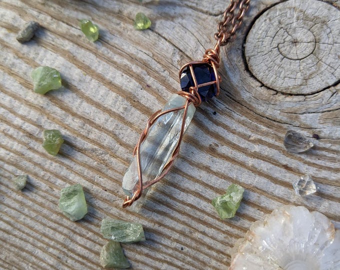 Dark blue cut sapphire and raw rough all natural blue aquamarine crystal pendant, raw aquamarine pendant, raw aquamarine crystal, large blue