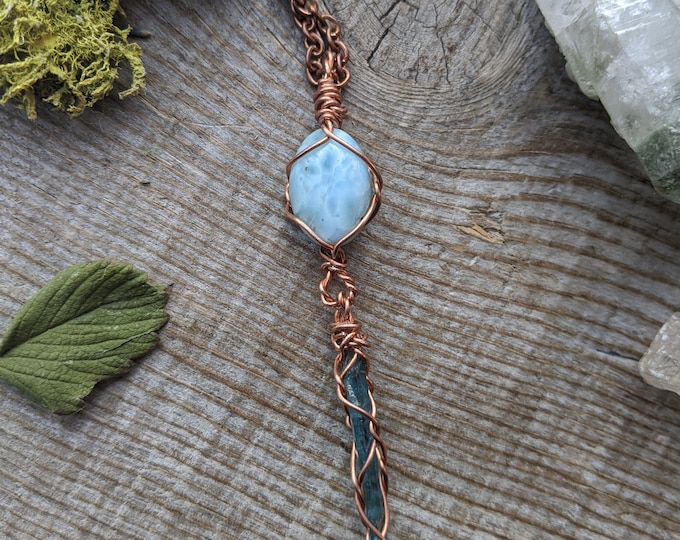larimar and aqua aura quartz crystal pendant, rainbow aura crystal necklace, blue aura quartz pendant, larimar pendant, larimar necklace