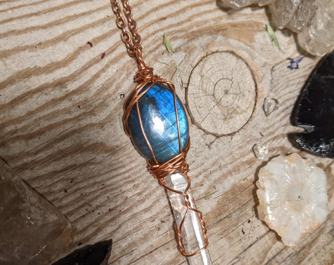 Labradorite and quartz crystal point pendant, natural labradorite pendant, labradorite necklace, high quality rainbow blue labradorite cryst