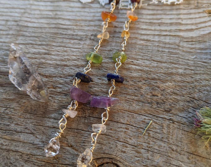 Rainbow crystal earrings, sterling silver rainbow earrings, natural chakra crystal earrings, rainbow crystals, long dangling herkimer diamon