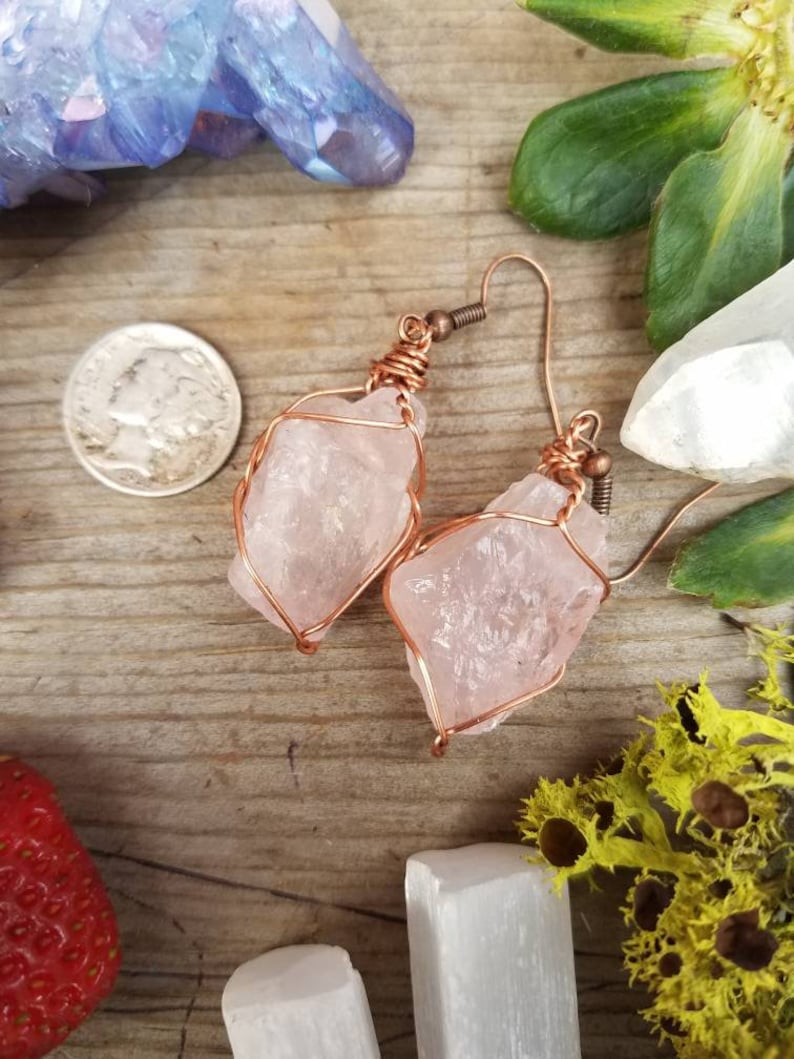 Rose quartz earrings, raw natural rough rose quartz crystals, pink quartz earrings, large chunky earrings, pure copper wire wrapped earrings image 4