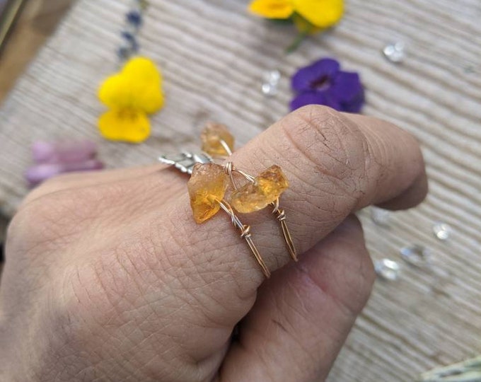 Citrine crystal ring, raw rough citrine ring, citrine chunk ring, dainty raw citrine crystal, silver citrine ring, bronze citrine ring, raw