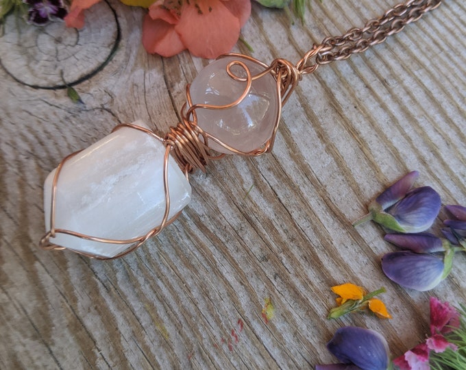 Rose quartz crystal sphere pendant with selenite point below, solid copper selenite pendant, copper rose quartz pendant, pink quartz necklac
