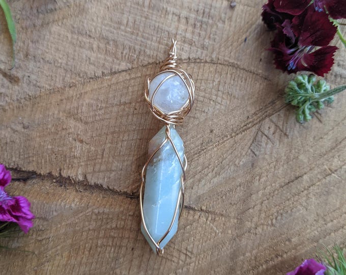 Rainbow Moonstone and blue opal point pendant in gold bronze, natural rainbow moonstone pendant, moonstone necklace, blue opal necklace