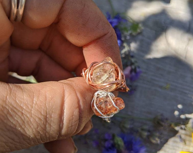 Golden rutile quartz crystal ring, rutile quartz ring, gold rutile ring, sterling silver gold rutile ring, solid copper rutile ring, natural