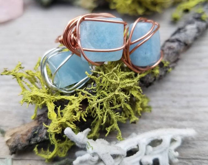 Polished aquamarine crystal ring, natural blue aquamarine ring, silver aquamarine ring, copper aquamarine ring, made to order, custom size