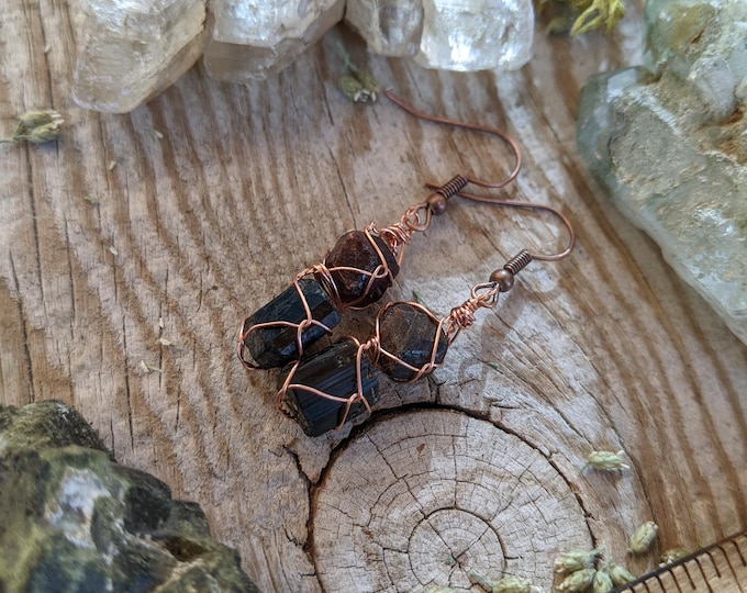 Garnet and black tourmaline crystal earrings in solid copper