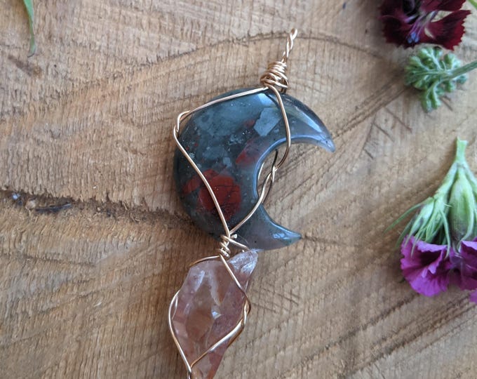 Bloodstone and tangerine quartz pendant, bloodstone moon pendant, tangerine quartz point pendant, quartz necklace, bloodstone necklace, natu